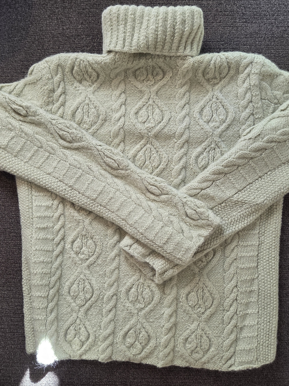 Cable Knit Turtleneck Sweater.  Pale Green. 100% Alpaca Wool